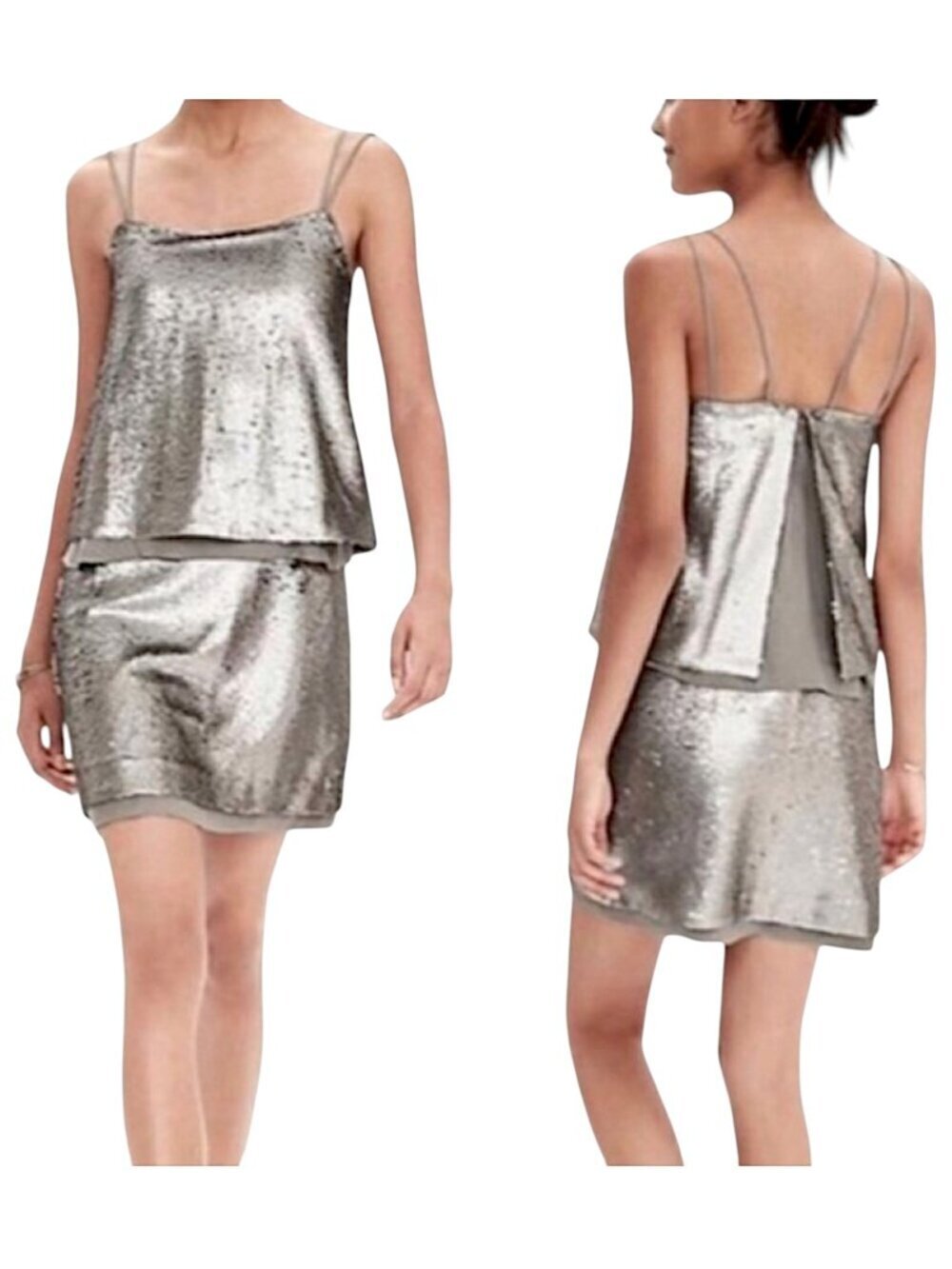Banana Republic Champagne Antique Silver Sequin Slip Evening Dress NWT New 8